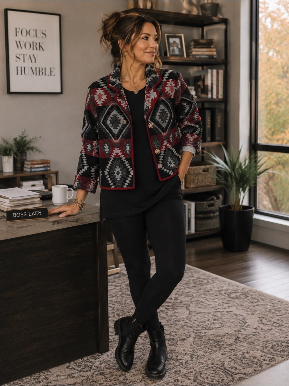 Vintage Agaro Colllection Aztec Blazer in size small with wooden carved buttons.